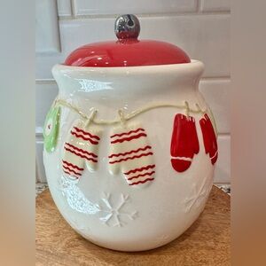 Hallmark Red and White Mittens Holiday Cookie/Treat Jar EUC